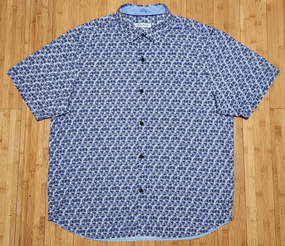 Tommy Bahama Shirt Geometric Silk Coolmax Blend Button Blue Mens XL Beach Summer